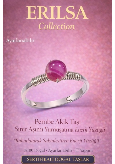 Sertifikalı Sinir Aşımı Yumuşatma  Yüzüğü Pembe Akik Taşı Çok Renkli