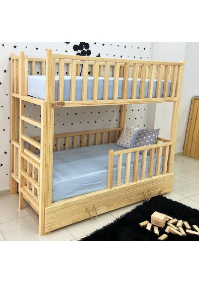 Markaawm Markaawm Montessori Yatak Merdivenli Ahşap Ranza Çekmeceli Akçaağaç