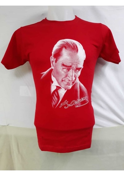 Nacar Store Unısex Kırmızı Mustafa Kemal Atatürk Baskılı Çocuk Tişört Beyaz-kırmızı-imza