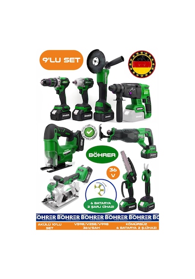 Böhrer Ba01083y 9 Makine Kombo Set 6 Akülü 2 Şarjlı Kömürsüz V598 5ah Profesyonel -green Yeşil