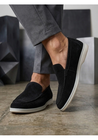 Boa Ba0252 %100 İçi Dışı Hakiki Deri Erkek Siyah Süet Casual Loafer Termo Taban Ayakkabı