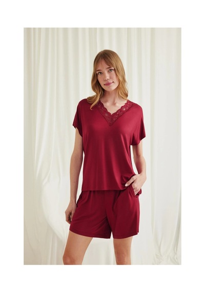 Aria's Closet Arias Closet Kısa Kollu Dantelli V Yaka Şort Pijama Takımı Kırmızı