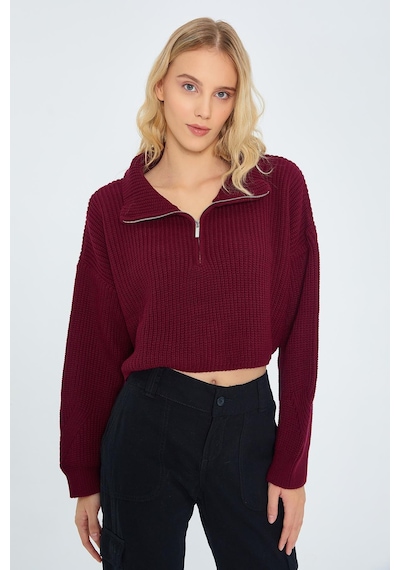 Mixray 6752 Kadın Crop Fermuarlı Kazak Bordo