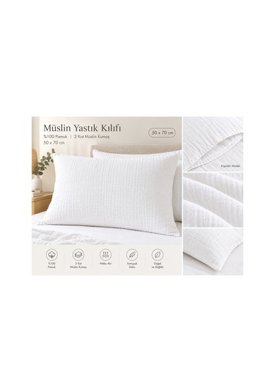 2 Kat Müslin Yastık Kılıfı 50x70 Cm Kapaklı Model %100 Pamuk Beyaz Beyaz