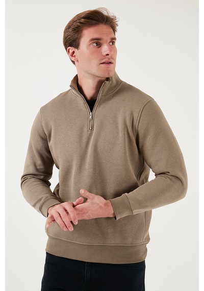 Buratti Pamuklu Regular Fit Yarım Fermuarlı Dik Yaka Erkek Sweat 59052592 Vizon Yeşili