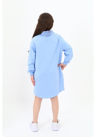 Kız Çocuk Baskılı Oversize Polo Yaka Uzun Kollu Elbise Mavi