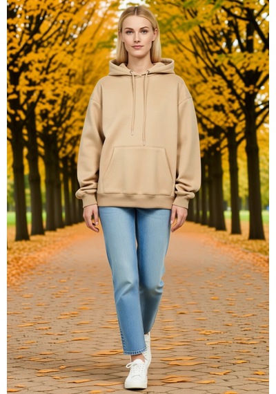 Ersefa Kadın Kapüşonlu Pamuklu Üç İplik Unisex Sweatshirt Bağcıklı Kangu Bej