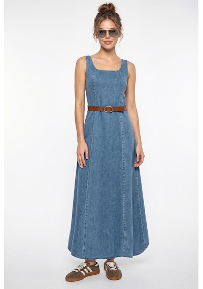 Shade Kadın Geniş Yaka Askılı Kemerli Kloş Denim Elbise 6084 60286108 - Mavi