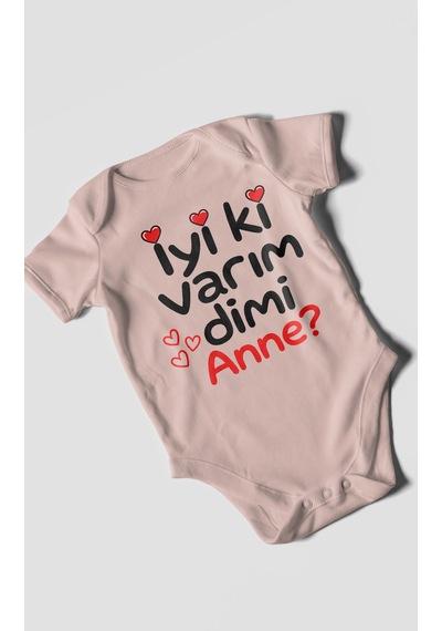 Morivokids İyi Ki Varım Dimi Anne Kısa Kollu Bebek Body %100 Pamuk Pastel Pembe