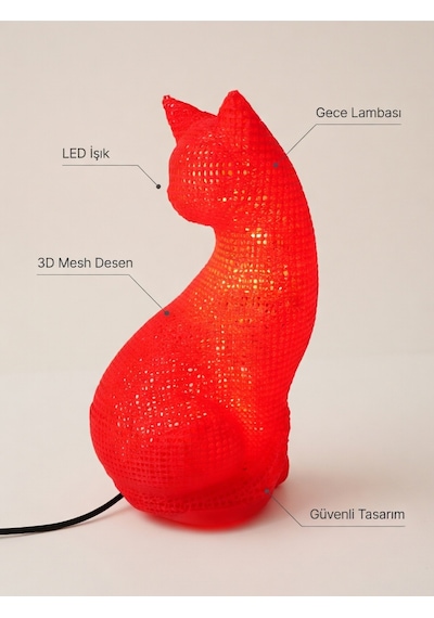 Dekoratif Kedi Figürlü Gece Lambası 3d Yazıcı Baskı Hediyelik Masa Lambası Aydınlatma 23cm Kırmızı
