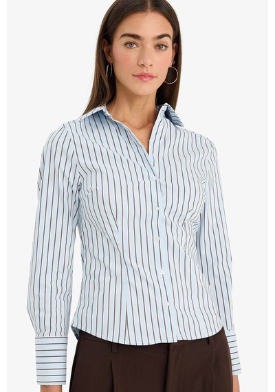 Defacto Fitted Çizgili Poplin Gömlek F9209ax26spbe366 Mavi-be366