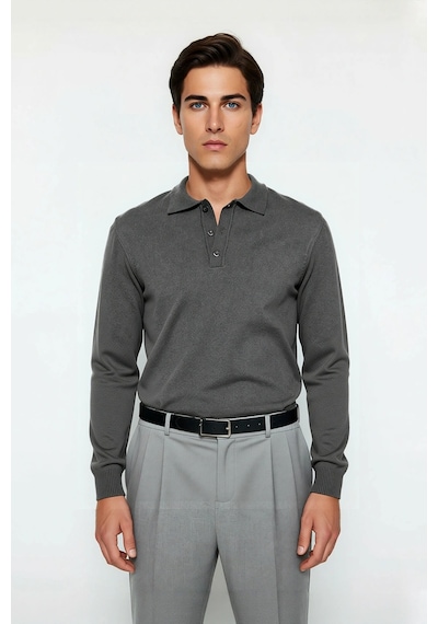 Ersefa Erkek Smart Casual Polo Yaka Düz Triko Kazak Kış Kombinlerine Mod Antrasit