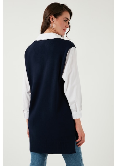 Lela Modest Standart Fit Gömlek Yaka Tesettür Triko Bayan Tunik 4612148 Lacivert