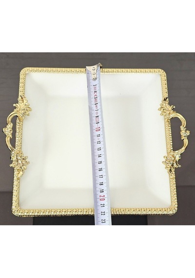 Porselen Küçük Sade Kare Servis Tabağı-sunumluk Döküm Gold Çerçeve Ve Ayaklı 22cm Beyaz