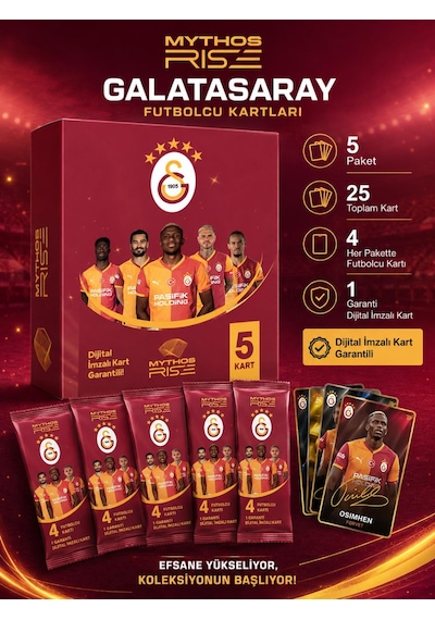 Mythos Rise Galatasaray Futbolcu Kartları 5'li Kutu Paketi 25 Kart Dijital İmzalı Kart Garantili