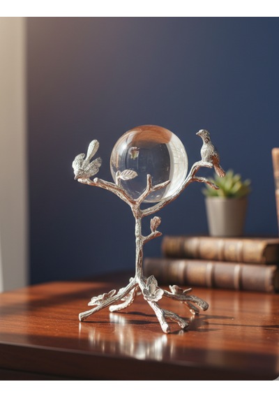 Furkan Metal Dekoratif Ayaklı Kuşlu Küre Güümüş Obje 1