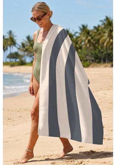Çizgili Siyah Bej Modern Plaj Havlusu - Minimalist Resort Stil Hızlı Kuruyan Mikrofiber Havlu Puslu Dalgası