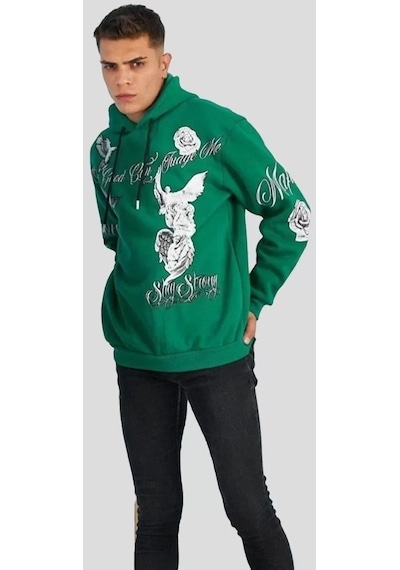 Erkek Kapüşonlu Strong Heykel Baskılı Sweatshirt - Yeşil