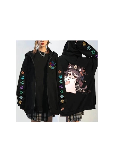 Tarzsokak Genshin Oyun Fermuarlı Unisex Hoodies 12820 Siyah