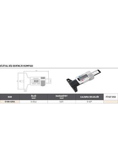 Fett 0-25,4mm Pld Dijital Diş Derinlik Kumpası