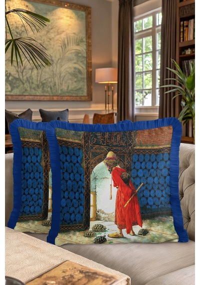 Osman Hamdi Bey Kaplumbağa Terbiyecisi Desenli Püsküllü Dekoratif Yastık - 45 X 45 Cm Renkli