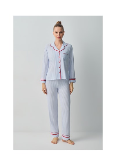 Suwen Tiny Gömlek Yaka Pamuklu Pijama Takımı Wsh105100081196 Mavi