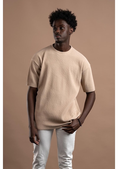 Oversize Bol Kesim Kalın Fitilli Bisiklet Yaka Kısa Kol T-shirt 001