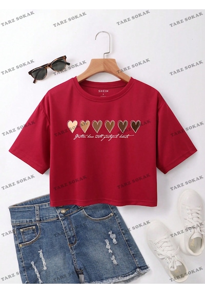 Flood Of Style Crop Ckod-232913 Kalpli Ve Sloganlı Grafik Düşük Omuzlu Bordo