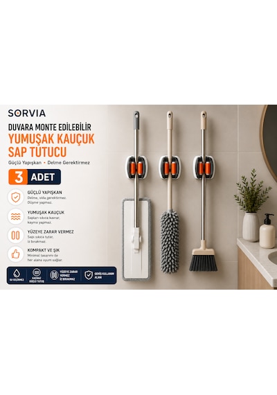 3'lü Duvara Monte Yapışkanlı Sap Tutucu, Mop Tutucu, Süpürge Tutucu, Şemsiye Tutucu, Kaymaz Kauçuk Silikon Organizer Askılık 3 Adet Beyaz - Turuncu