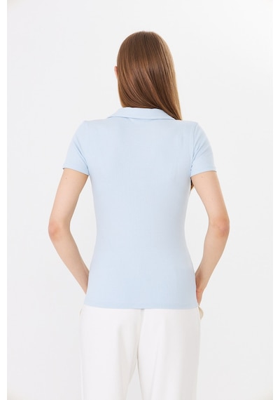 Hdm Kadın Mavi Polo Yaka Fitilli Günlük Bluz - H6038