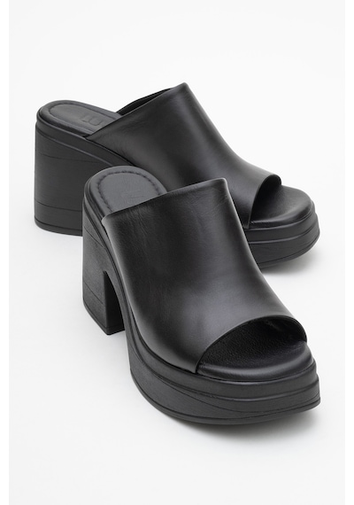 Luvishoes Nola Siyah Cilt Hakiki Deri Kadın Platform Topuklu Terlik Siyah