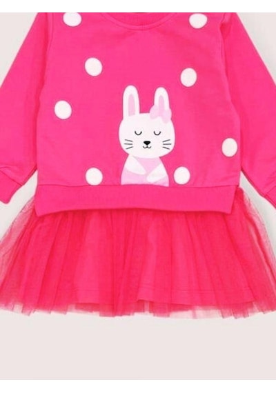 Breeze Kız Çocuk Tavşan Desenli Eteği Tüllü Sweat Elbise-15362 Pembe