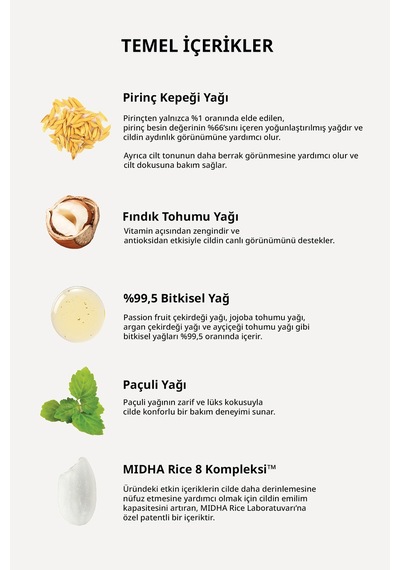Midha Rice Facial Yoğun Nemlendirici ve Besleyici Pirinç Kepeği Yağı İçerikli Yüz Bakım Yağı 30 ML