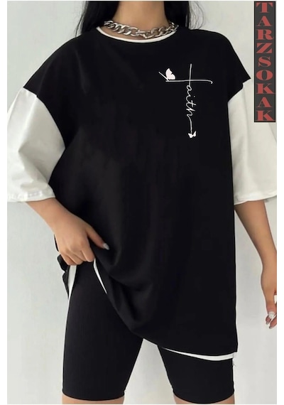 Startmore Startmore Siyah Oversize Çift Renk Kelebek Yazı Baskılı Unisex Tshirt Beyaz