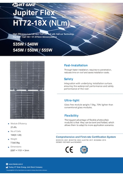 550w Esnek Güneş Paneli Marin / Karavan / Trapez Çatı / Branda Üstü Hafif Ve Kolay Montaj Solar Panel Ht72-18x Nlm