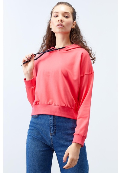 Tommy Life Fuşya Uzun Kol Rahat Form Kapüşonlu Kadın Sweatshirt - 97115 Fuşya