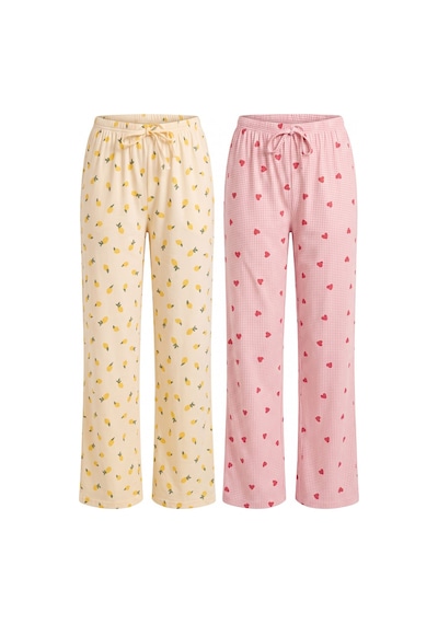 Siyah İnci 2'li Fiyonk Desenli Yumuşak Tuşe Kışlık Örme Tek Alt Pijama Altı 8074 Pembe Ekose Sarı Limon