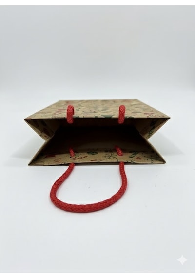 Yılbaşı Desenli Kraft Karton Çanta Seti - 6lı, Kırmızı Saplı Parti, Noel, Hediye Çantası, 12x17 Cm Standart