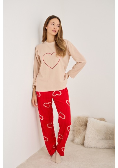 Siyah İnci Fitilli Polar Kışlık Örme Pijama Takım 25222049 Somon-kırmızı