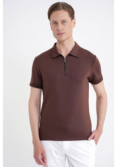 Efor Slim Fit Esnek Pamuklu Fermuarlı Kahverengi Polo Yaka Tişört Ts 926