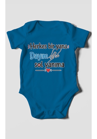 Morivokids Herkes Bir Yana, Dayım Sol Yanıma Kısa Kollu Bebek Body %100 Pamuk Koyu Mavi