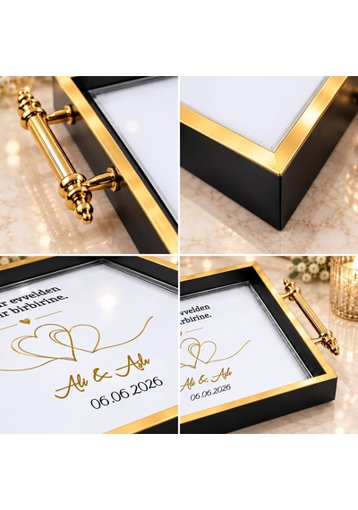 Bk Gift Kişiye Özel Siyah&gold Söz Nişan Tepsisi-2 - 39x23 Cm Çok Renkli