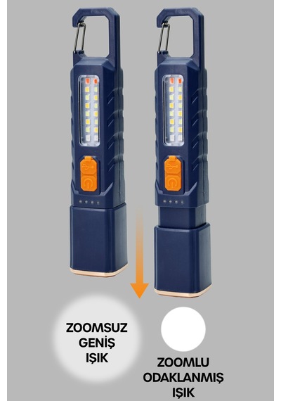 Şarjlı El Feneri 6 Mod Karabina Askılı Çakarlı Cob Led Kamp Lambası Acil Durum Işığı Mavi 7170 Mavi