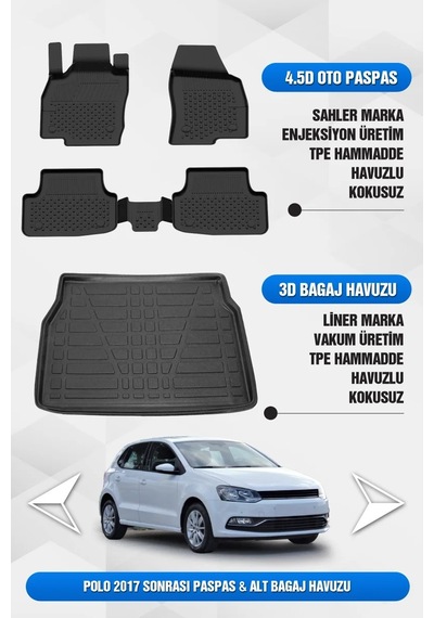 Sahler Vw Polo 2017-2025 Uyumlu 4.5d Premium Havuzlu Oto Paspas Ve Liner Marka 3d Alt Bagaj Havuzu