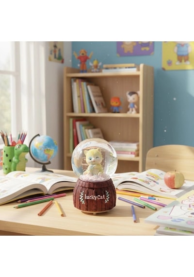 Pilli Işıklı Müzikli Kar Küresi-şanslı Kedi Figürlü Eğlenceli Masaüstü Biblo, Led Aydınlatmalı Dekoratif Hediyelik Kar Küresi Bx40
