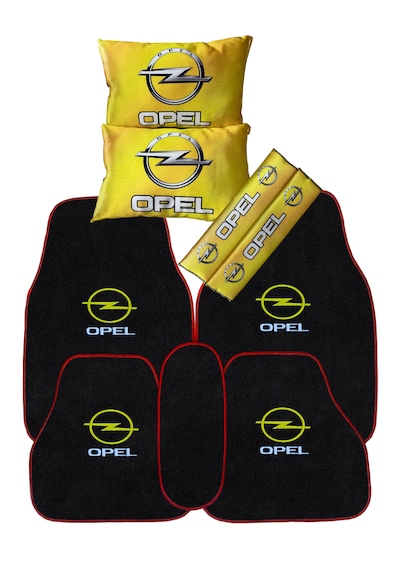 Opel Uyumlu 5'li Oto Halı Paspas & Dijital Baskılı Sarı Araç Boyun Yastığı & Emniyet Kemer Pedi