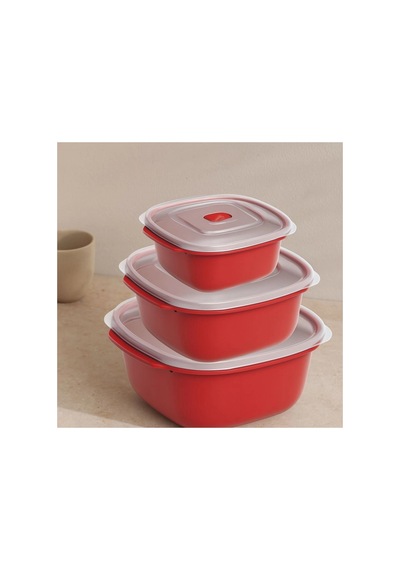 Kırmızı Kare Saklama Kabı Seti 3'lü 550/1100/2200 Ml Çok Renkli