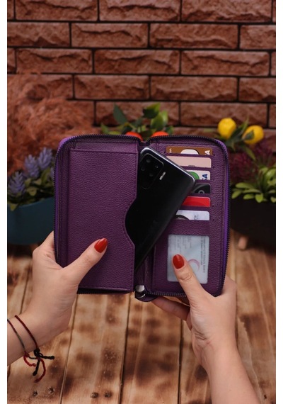 Ozka Leather Collection Telefon Bölmeli Uzun Cüzdan Ve Otomatik Mekanizmalı Kartlık Cüzdan Sevgili Paketi Mürdüm