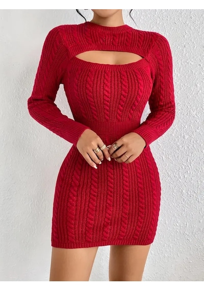 Ackonline Kadın Uzun Kollu Yarı Balıkçı Yaka Pencere Göğüs Detay Mini Triko Elbise Kırmızı Ackonline Kadın Uzun Kollu Yarı Balıkçı Yaka Pencere Göğüs Detay Mini Triko Elbise Kırmızı
