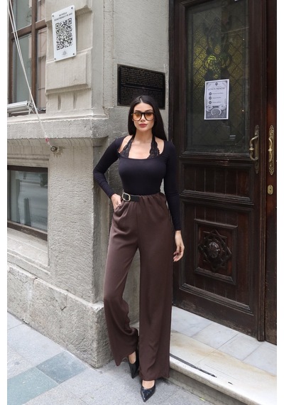 Kechi Woman Linda Twill Kumaş Kemer Detay Pantolon Kahverengi
